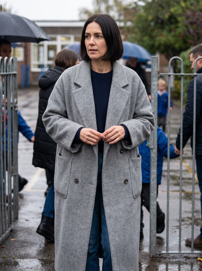 Grey wool coat at the school gate