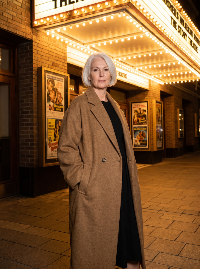 Camel wool coat under a theatre marquee at night