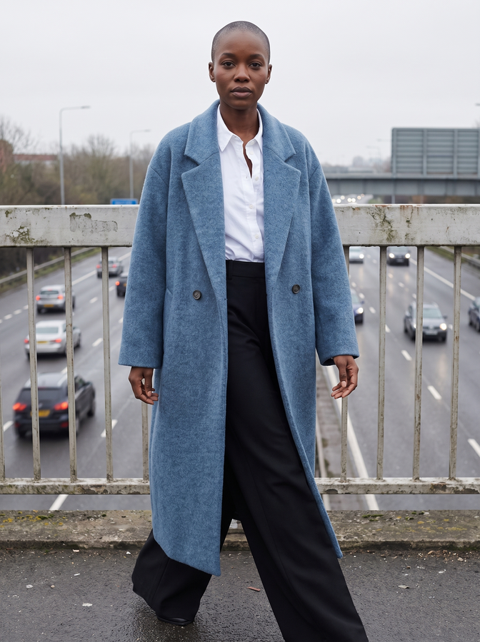 Navy wool coat on a footbridge over a motorway