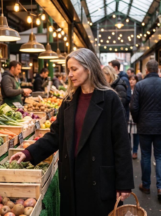 Black wool coat in a covered food market