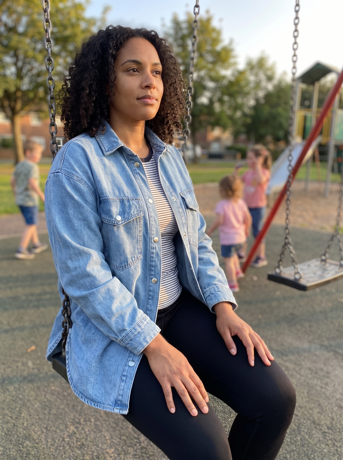 Light blue denim shirt-jacket on a playground swing