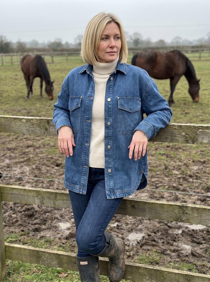 Mid blue denim shirt-jacket at a horse paddock