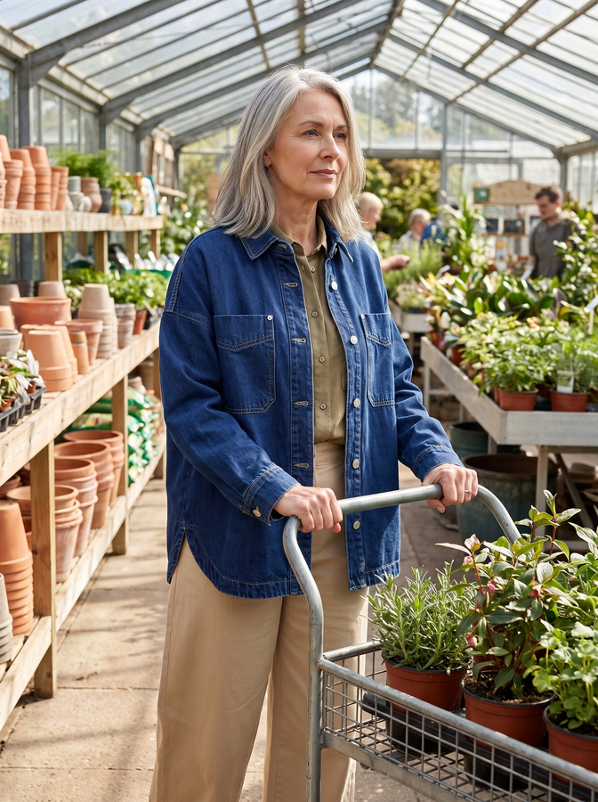 Dark blue denim shirt-jacket in a garden centre