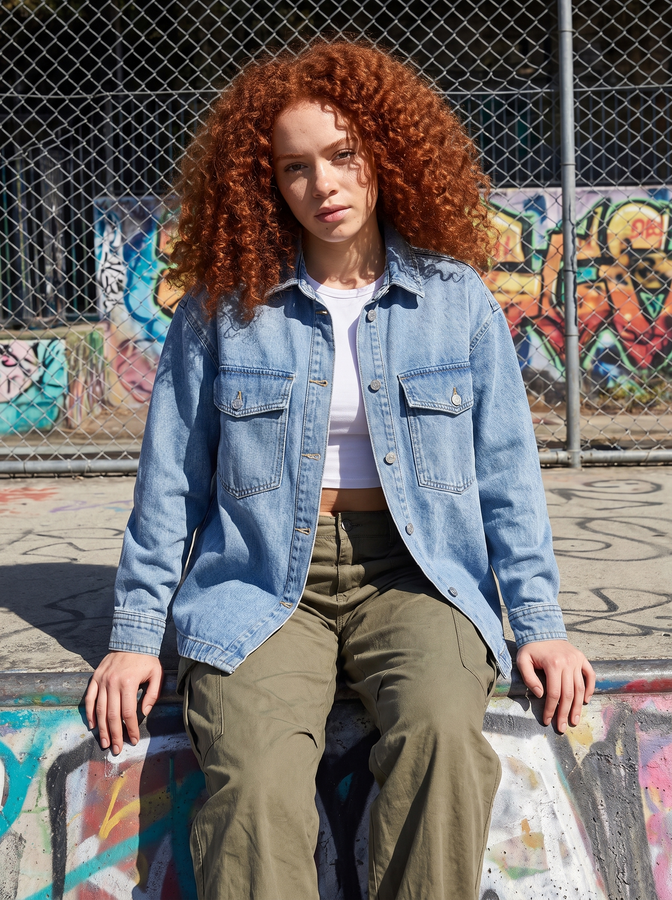 Light blue denim shirt-jacket at a skate park