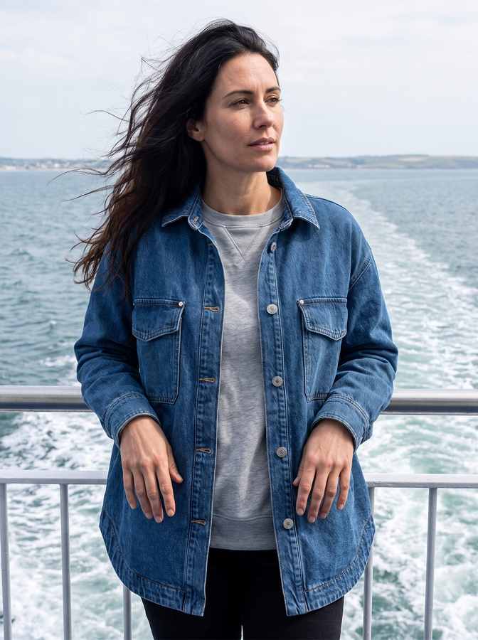 Mid blue denim shirt-jacket on a ferry railing