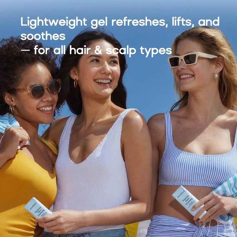 Three friends on the beach holding tubes of Maneele dry shampoo gel: a lightweight gel that refreshes, lifts and soothes, for all hair and scalp types