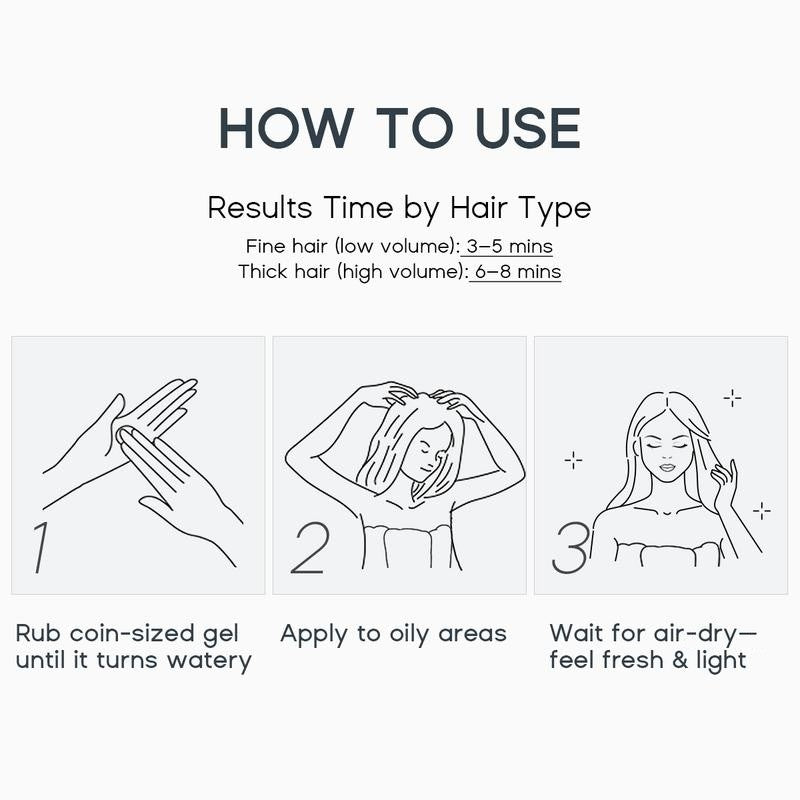 How to use: rub a coin-sized amount of gel until it turns watery, apply to oily areas, let it air-dry; 3 to 5 minutes for fine hair, 6 to 8 for thick hair