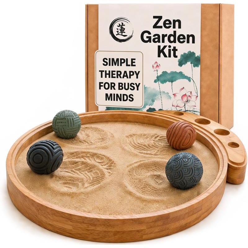 Enso Sensory Zen Garden bamboo tray with real sand, four textured spheres and Japanese gift box