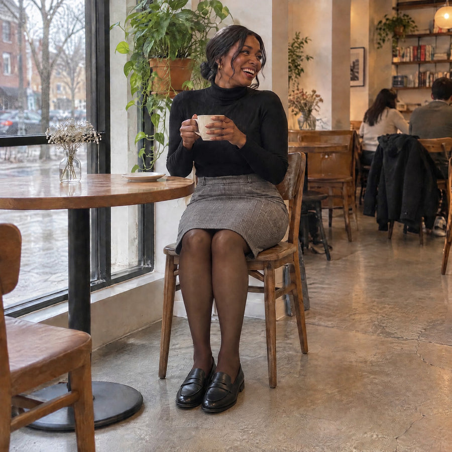 Woman laughing in a cafe in a black turtleneck and grey plaid skirt, legs in sheer warm brown fleece-lined tights