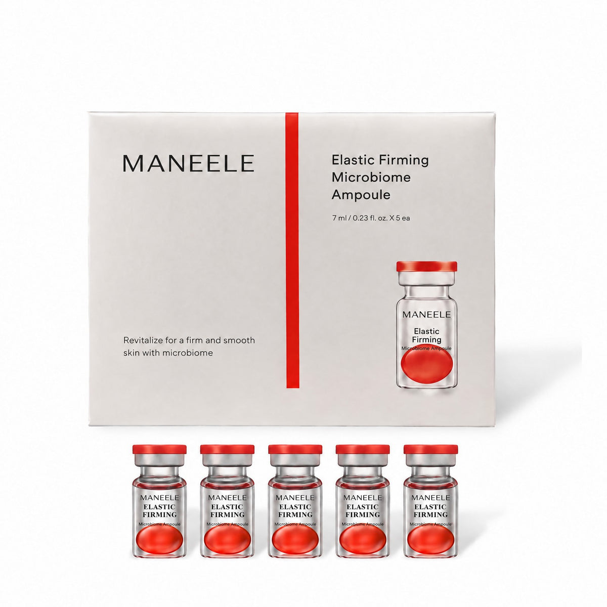 Maneele Firming Microbiome Ampoules box with five vials, each with a red biome ball