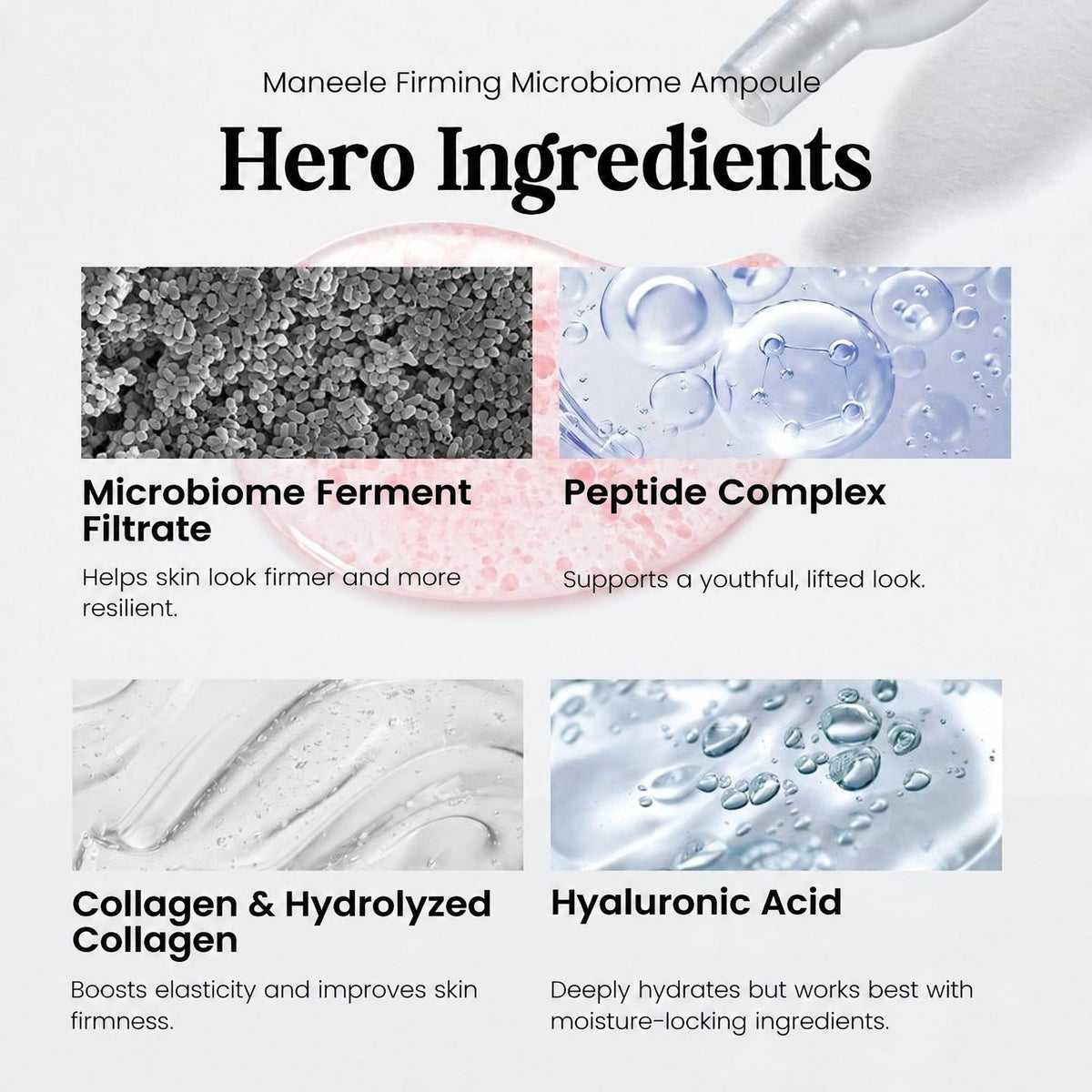 Hero ingredients: microbiome ferment filtrate, peptide complex, collagen, hyaluronic acid