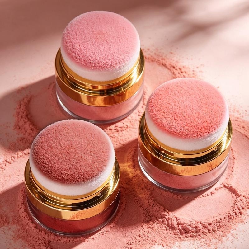 Three Lazy Girl Blush jars with gold collars and built-in puff applicators on loose peach blush powder