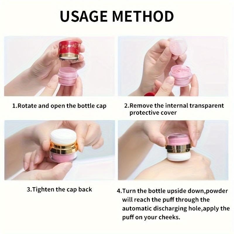 Usage method in four steps: twist open the cap, remove the inner protective cover, close it again, then turn the jar upside down and tap the puff on your cheeks