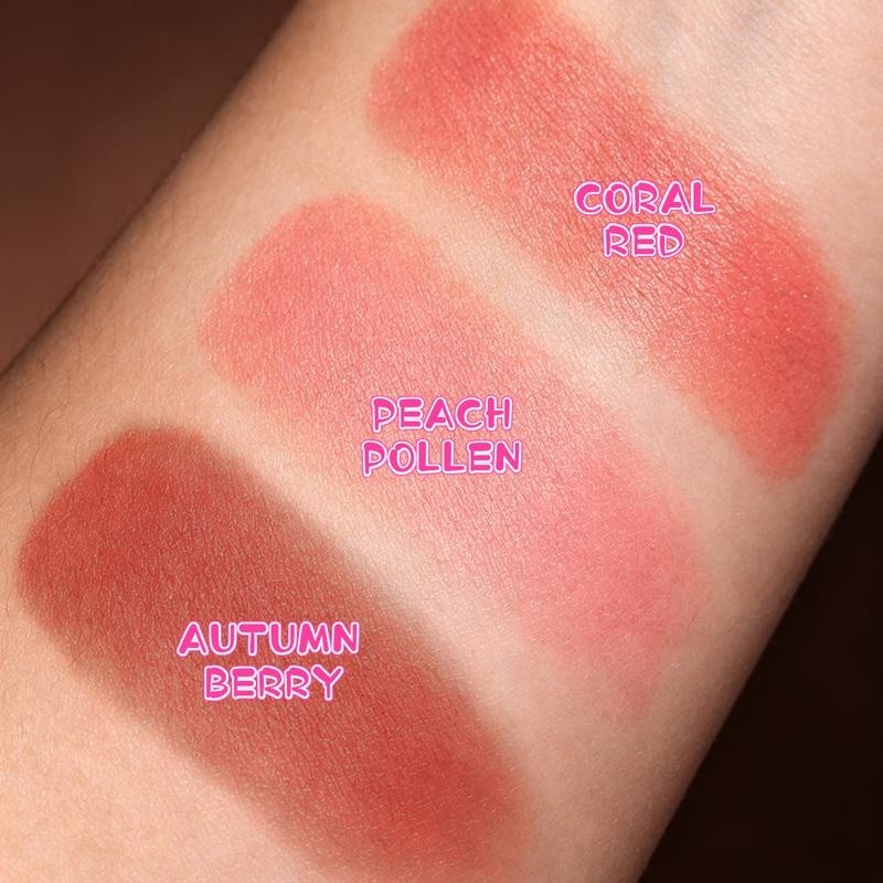 Arm swatches of the three shades: Autumn Berry, Peach Pollen and Coral Red
