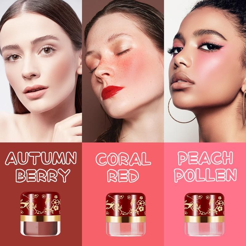 The three shades worn by three models, with their jars: Autumn Berry, Coral Red and Peach Pollen