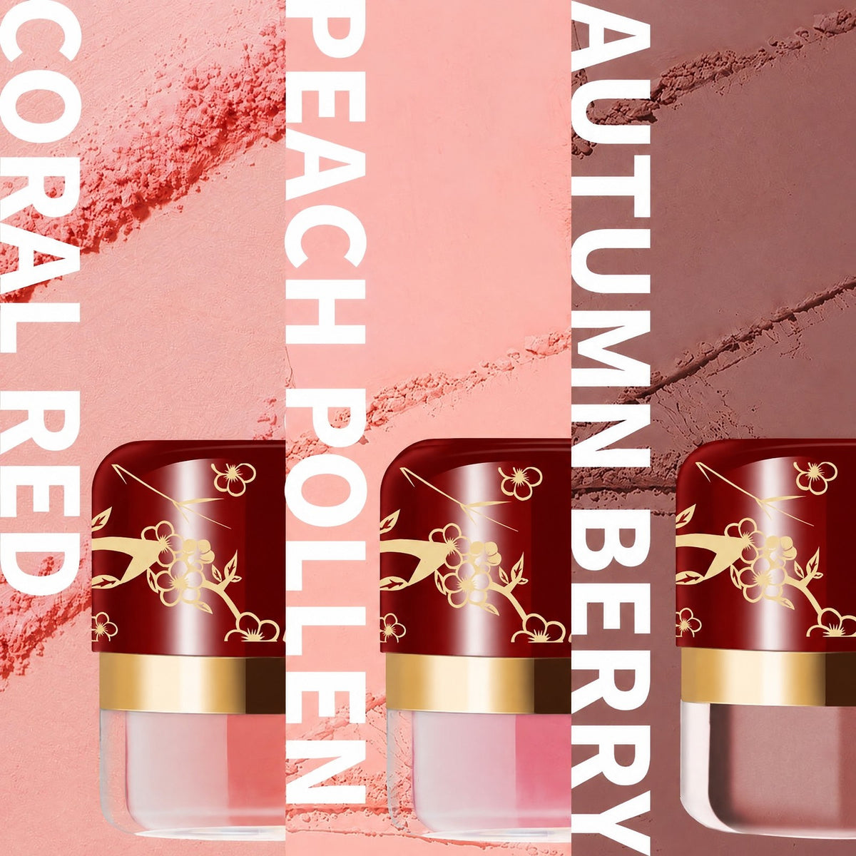 The three jars with red and gold floral lids, labeled Coral Red, Peach Pollen and Autumn Berry