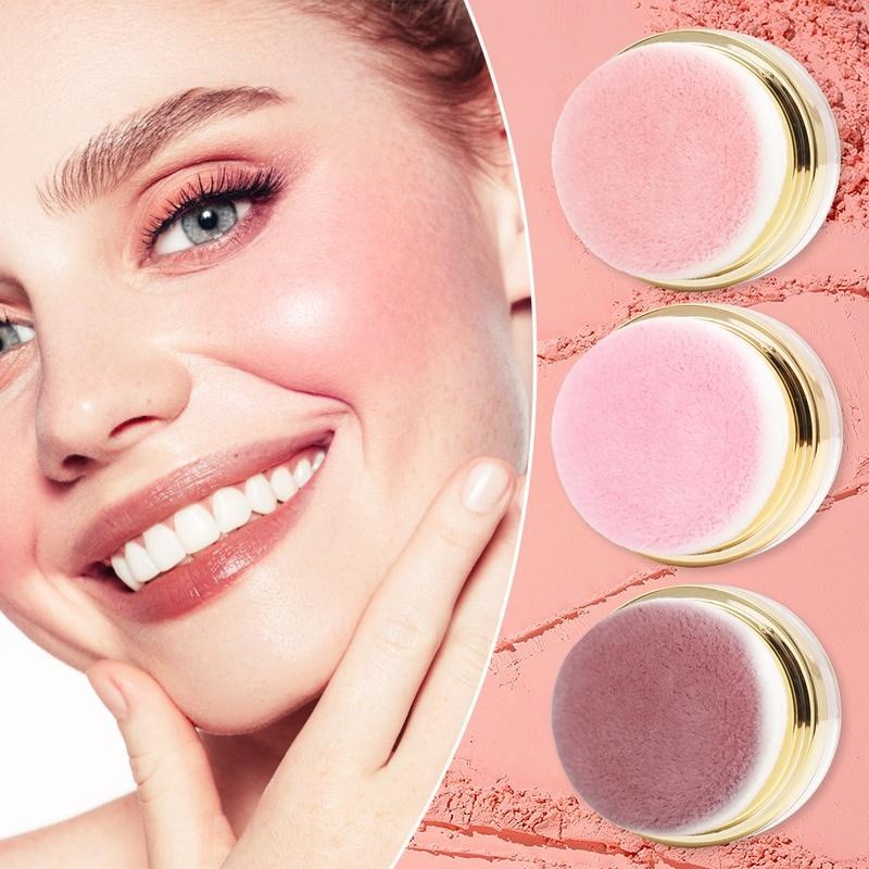 Smiling woman with a rosy flush next to the three blush puffs