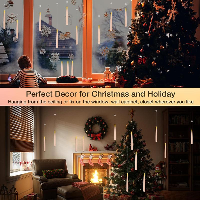 Floating candles hung from a window and a living room ceiling for the holidays