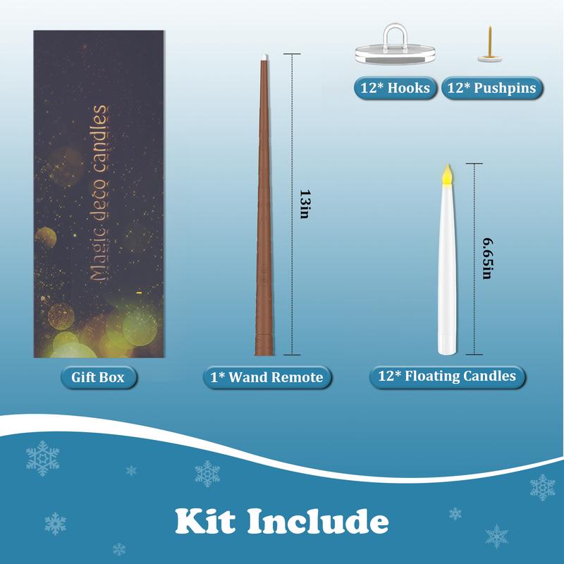 Kit contents: gift box, 13 inch wand remote, 12 hooks, 12 push pins, 12 floating candles