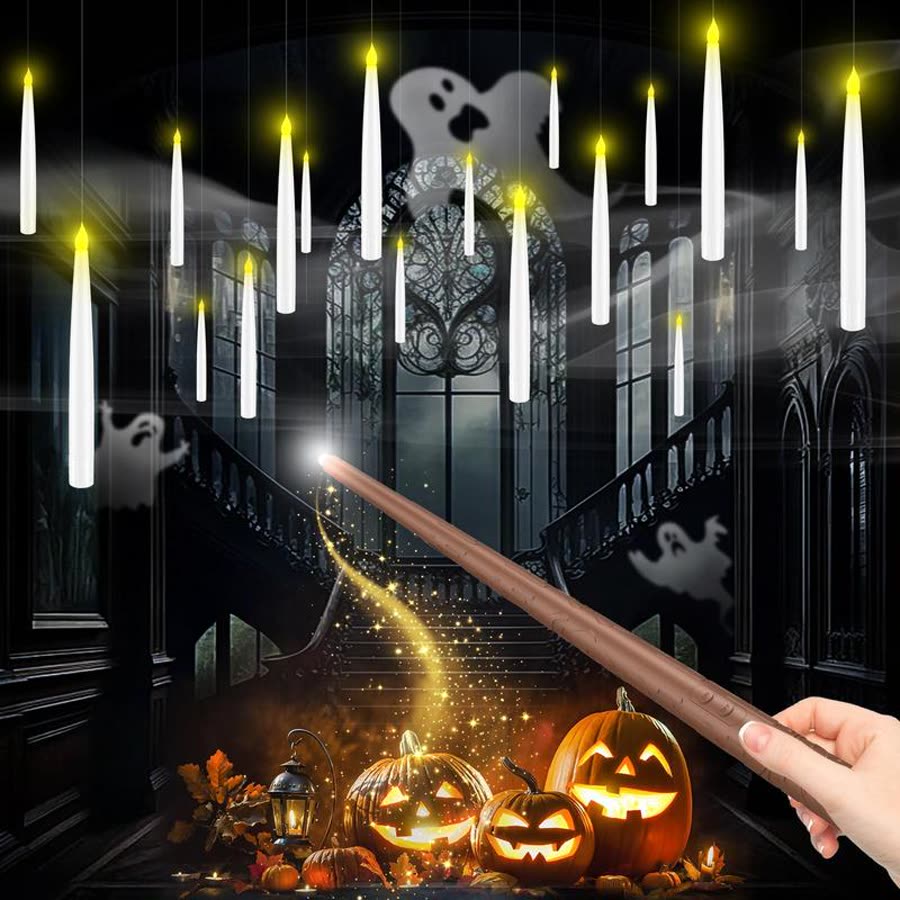 Floating candles in a dark hall for Halloween
