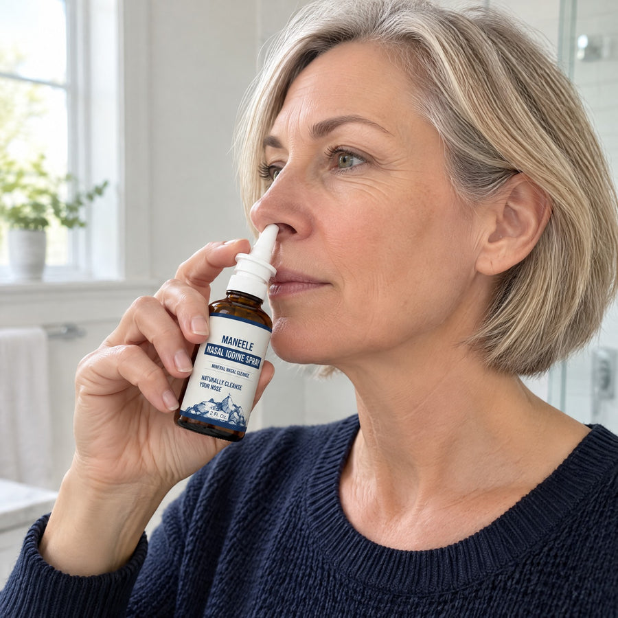 Woman in a bright bathroom placing the nozzle of the Maneele nasal spray just inside one nostril