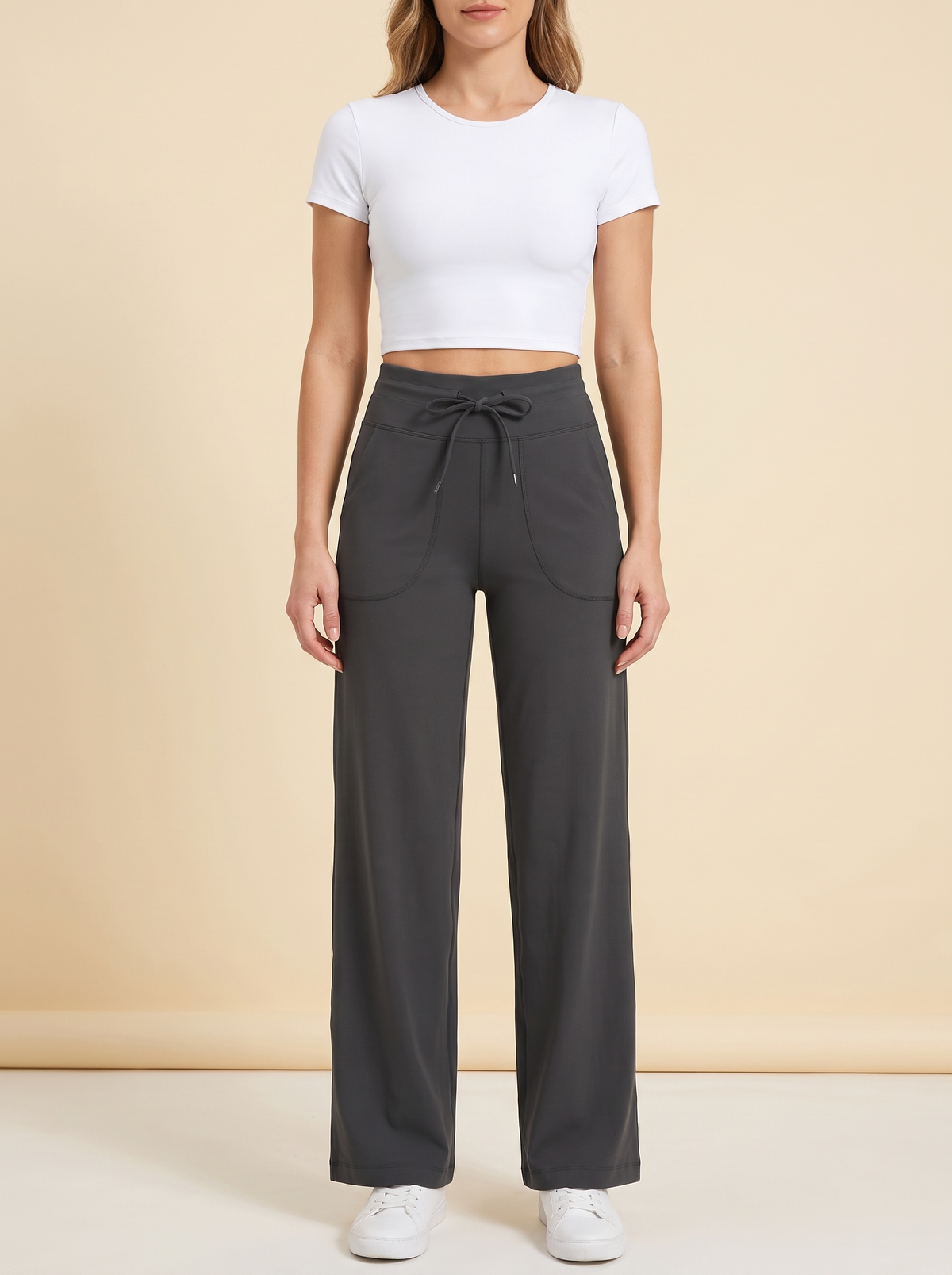 Studio shot of the graphite wide-leg trousers