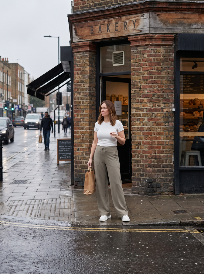 Taupe wide-leg trousers outside a bakery