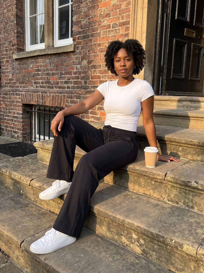 Black wide-leg trousers on stone steps