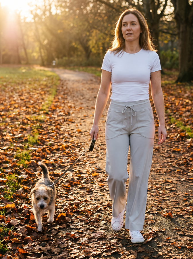 Vapour grey wide-leg trousers on an autumn park path