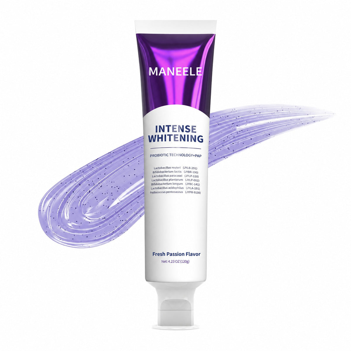 Maneele Purple Whitening Toothpaste tube, 4.23 oz (120 g), with a swipe of the purple gel