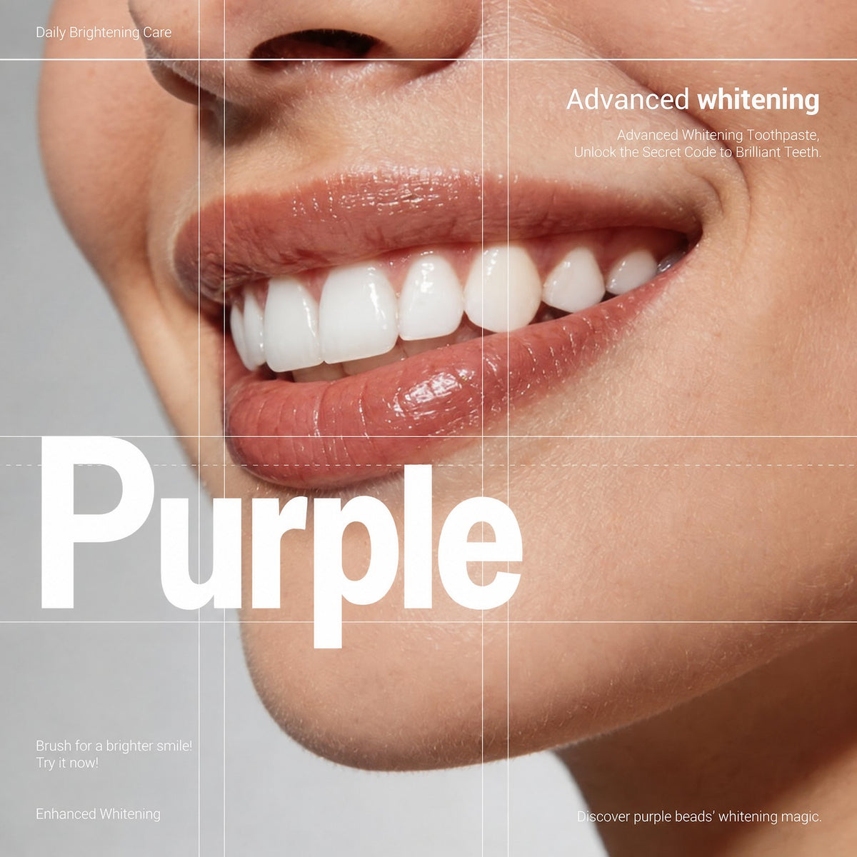 Close-up of a bright smile: advanced whitening with purple beads, daily brightening care