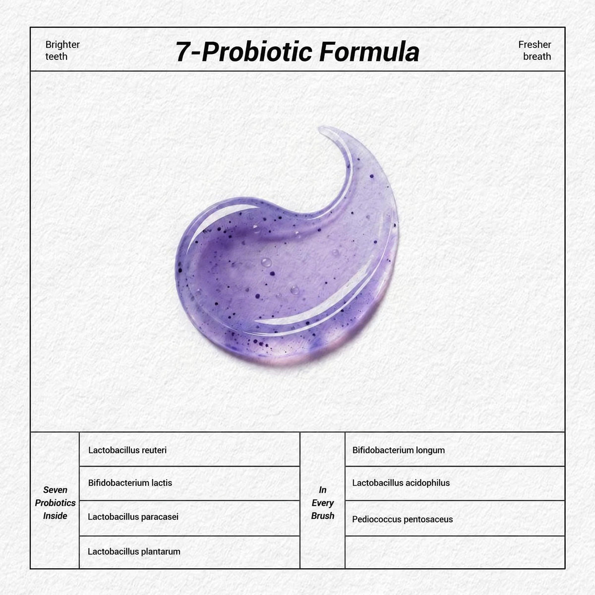 Swirl of purple gel with the seven probiotics listed: brighter teeth, fresher breath
