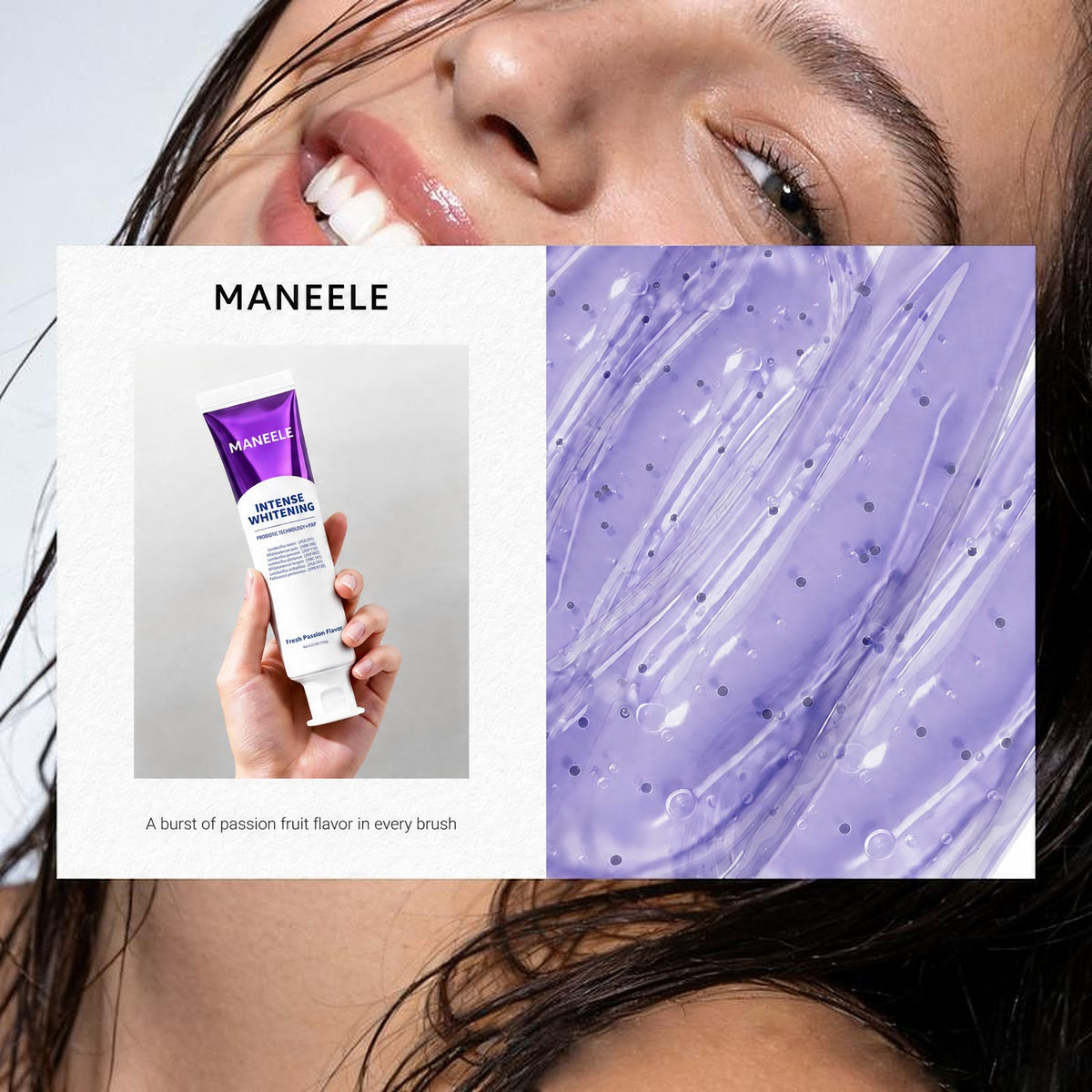 Hand holding the Maneele purple toothpaste next to a close-up of the purple gel, a burst of passion fruit flavor in every brush