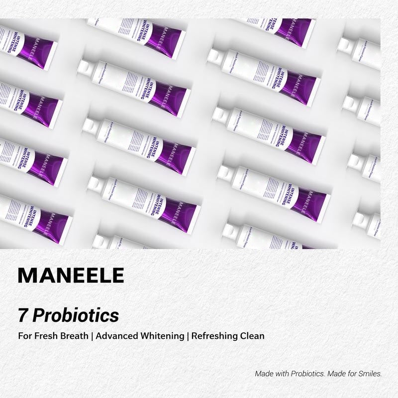 Rows of Maneele purple toothpaste tubes, made with 7 probiotics: fresh breath, advanced whitening and a refreshing clean