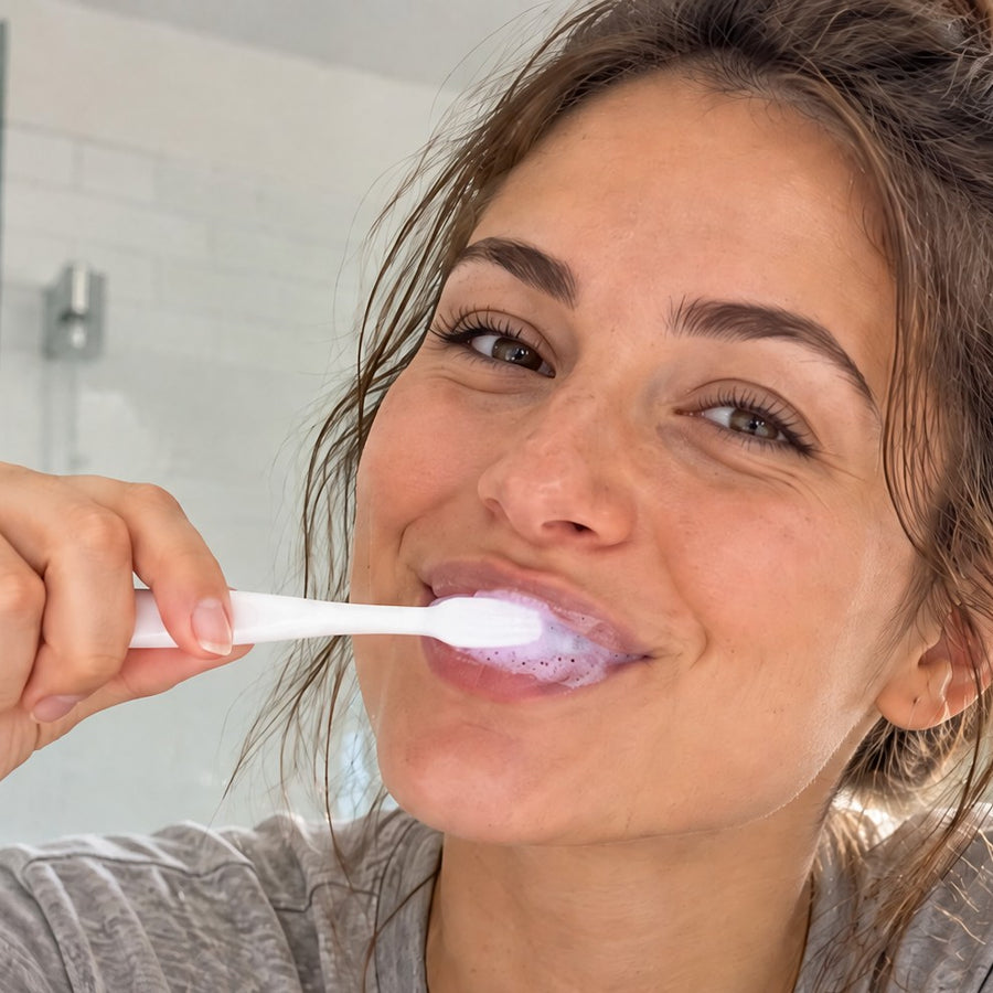 Woman brushing her teeth with a light lilac foam in a bright bathroom, smiling at the camera
