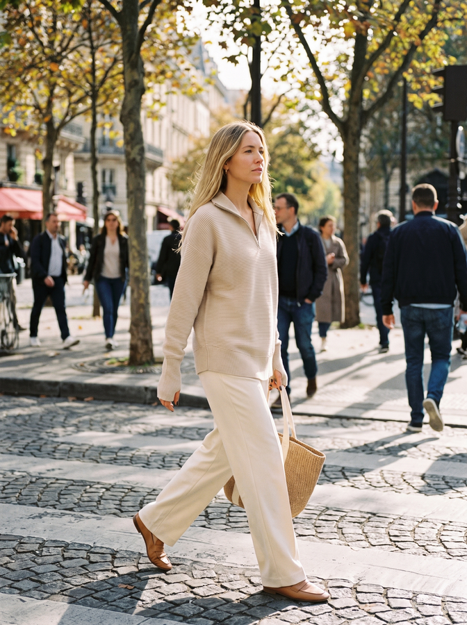 Apricot half-zip knit on a pedestrian crossing