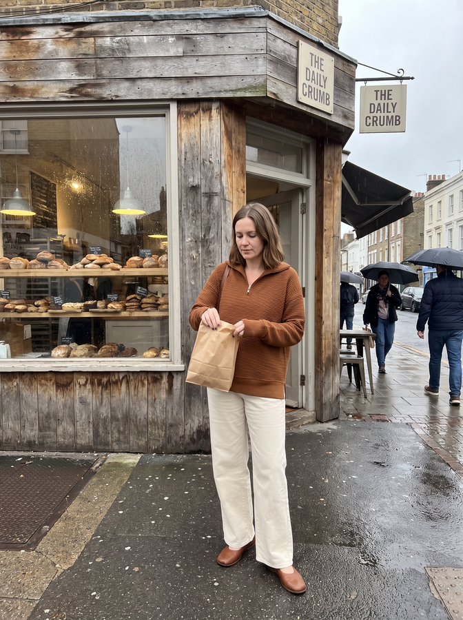 Coffee half-zip knit outside a bakery