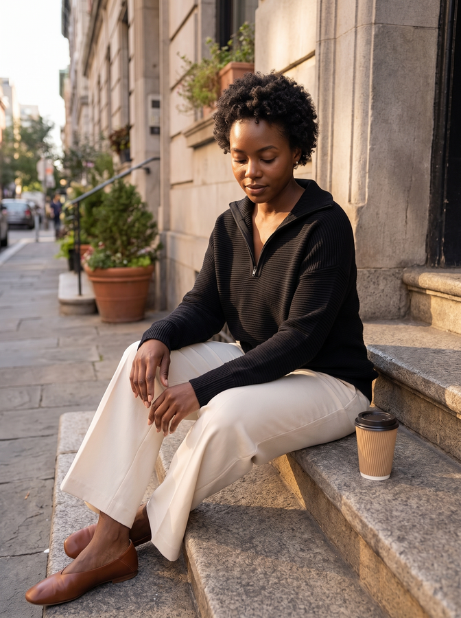 Black half-zip knit on stone steps