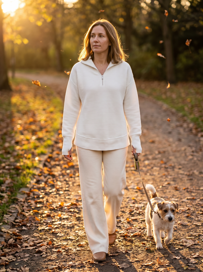 White half-zip knit on an autumn park path