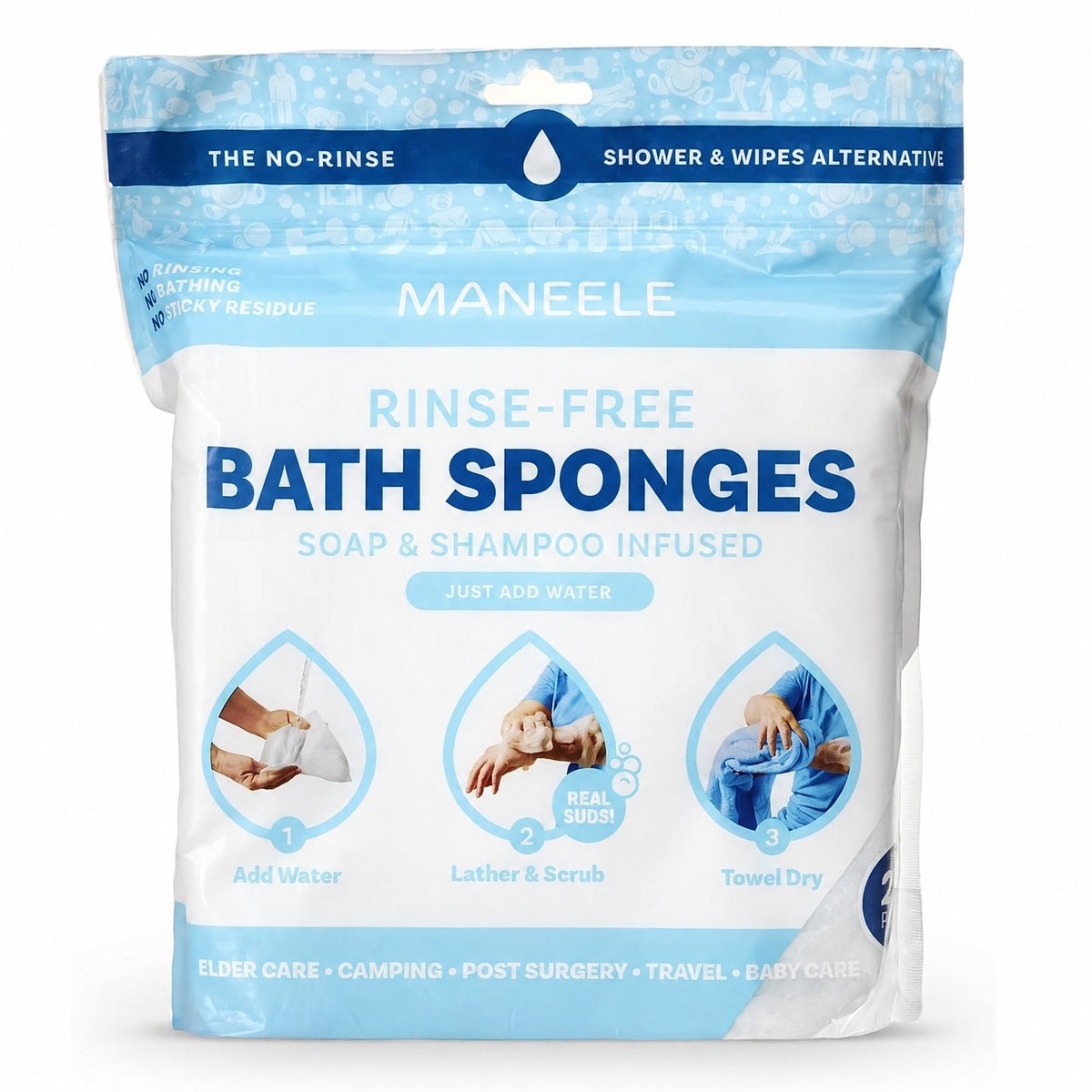Maneele Rinse-Free Bath Sponges pouch, soap and shampoo infused: add water, lather and scrub, towel dry