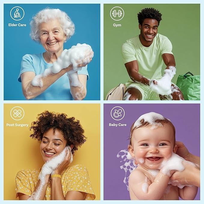 Four people lathering up with the bath sponges: elder care, gym, post surgery and baby care