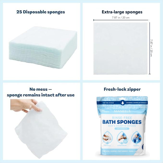 25 disposable extra-large sponges, each about 7.87 in (20 cm) square, sponge stays intact after use, resealable fresh-lock zipper pouch