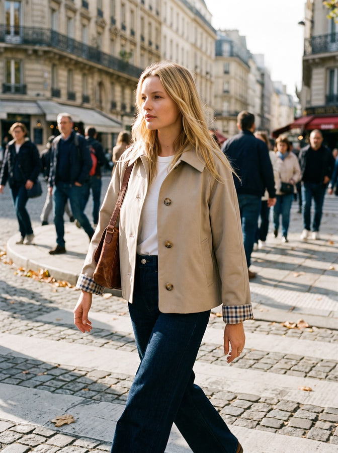 Light khaki cropped trench on a pedestrian crossing