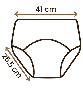 Size L training underwear: 41 cm around the waist, 25.5 cm from the waistband to the gusset.