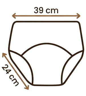 Size M training underwear: 39 cm around the waist, 24 cm from the waistband to the gusset.