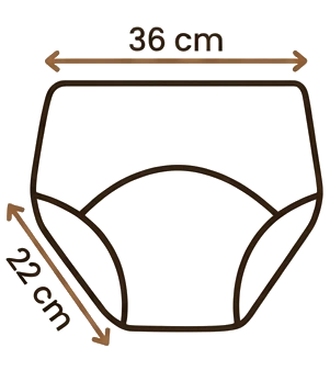 Size S training underwear: 36 cm around the waist, 22 cm from the waistband to the gusset.