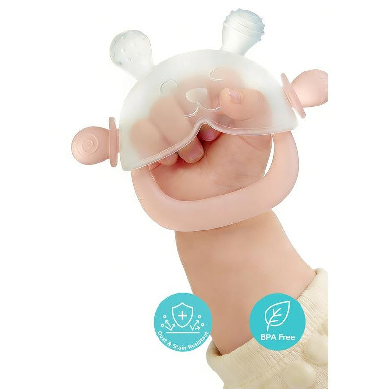 Baby gripping the teether mitten on their hand, BPA free and stain resistant
