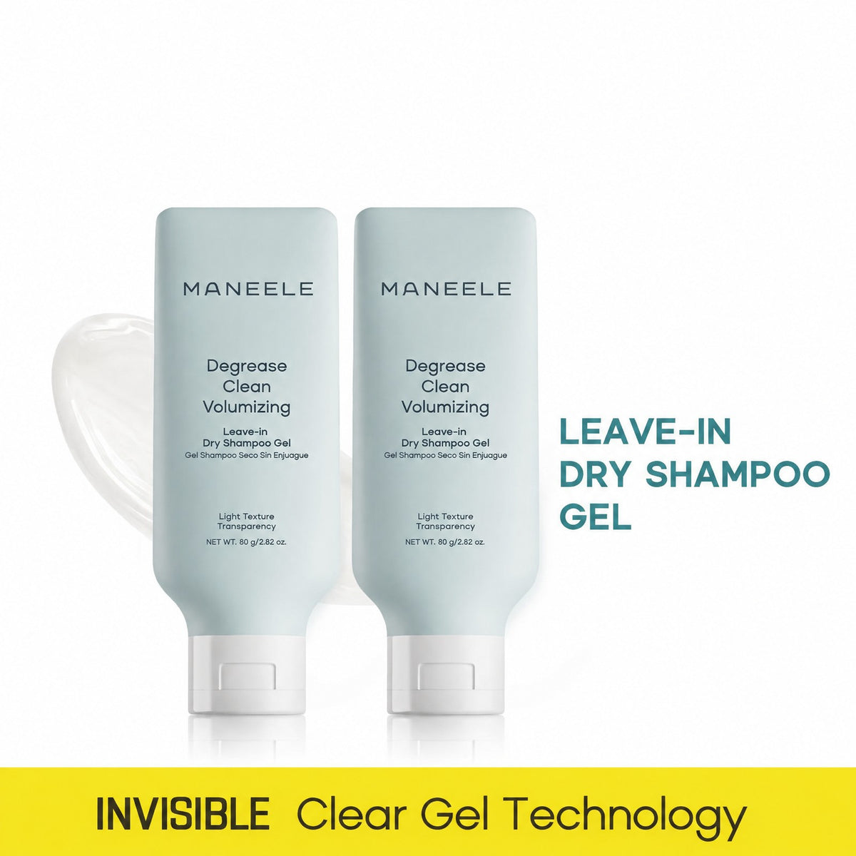 Two tubes of Maneele leave-in dry shampoo gel next to a swipe of the clear gel, invisible clear gel technology