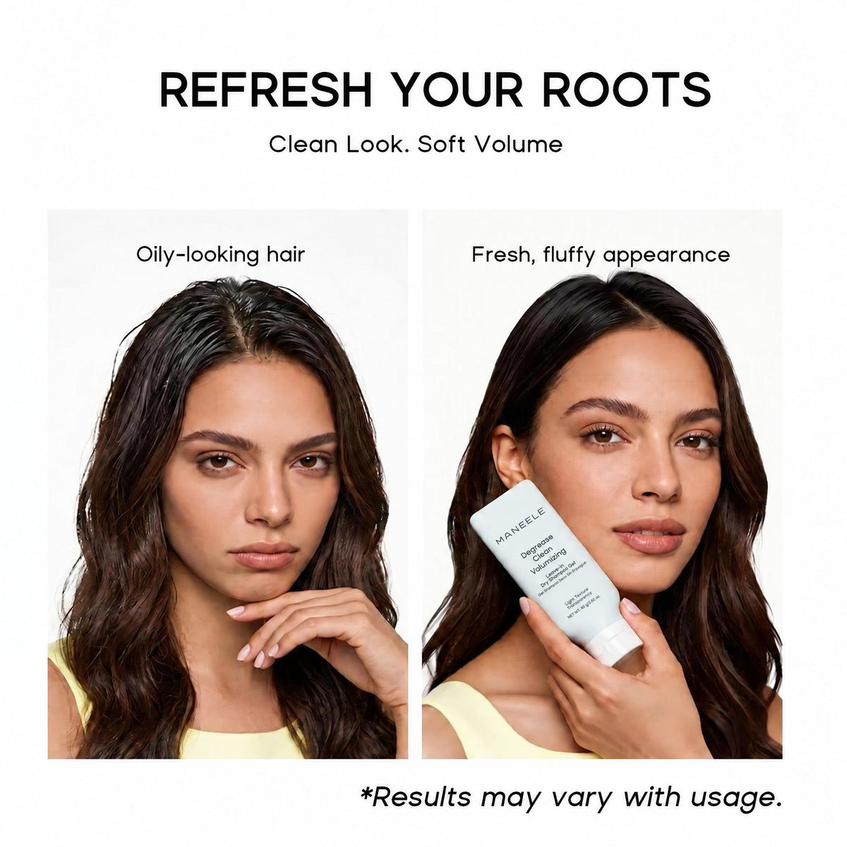 Refresh your roots: oily-looking hair next to a fresh, fluffy appearance with the Maneele dry shampoo gel tube