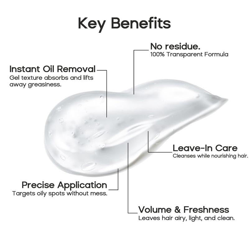 Key benefits: no residue, instant oil removal, leave-in care, precise application, volume and freshness